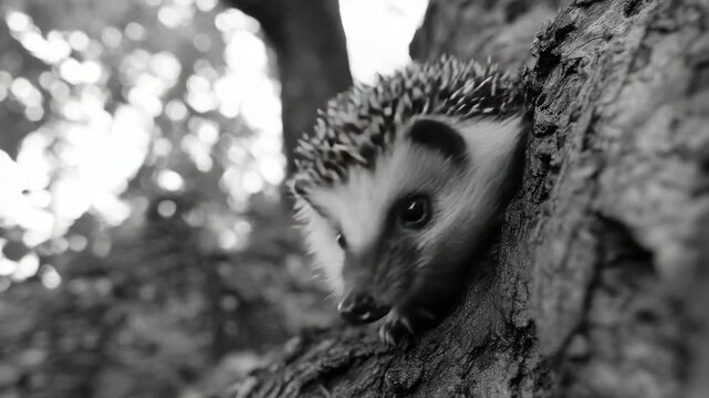 A cute hedgehog perched on a tree trunk in the woods, with its eyes closed, perhaps enjoying the sun or the scent of the forest.