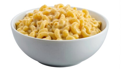 Bowl of creamy mac and cheese served as a comforting meal. Delicious cheesy pasta dish, classic comfort food. Ideal for lunch, dinner, or as a kid-friendly option. Simple presentation on white.