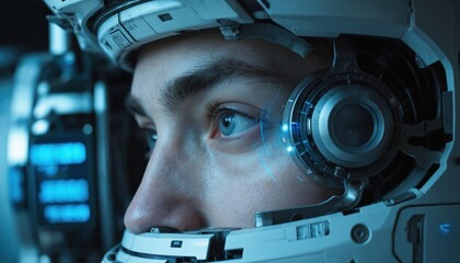 Man piercing blue eye in futuristic tech setting. Abstract background with glowing circuits, cybernetic elements. Close-up portrait explores human augmentation, advanced intelligence. Focus on