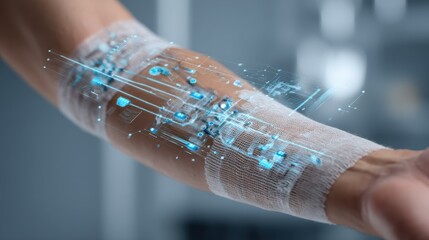 Advanced medical technology uses a smart bandage with embedded sensors to monitor wound healing and provide real time data for healthcare professionals, improving patient care and recovery