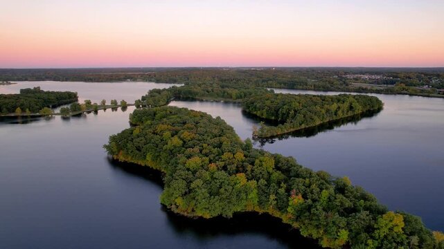 Aerial view of scenic metro park in Michigan near Detroit during twilight.
