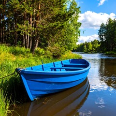 Obraz premium Blue boat on riverbank