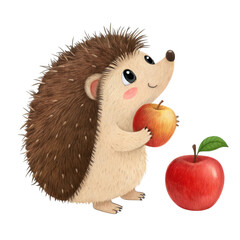 Cute hedgehog eating an apple isolated on transparent background isolated on white background