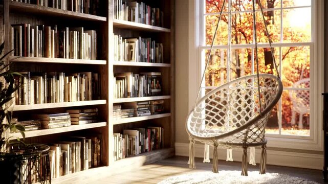 Cozy reading nook with macrame chair and autumnal window view