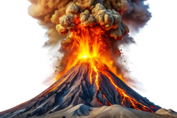 erupting volcano spewing lava and ash showcasing isolated on white background, png, ai generated.