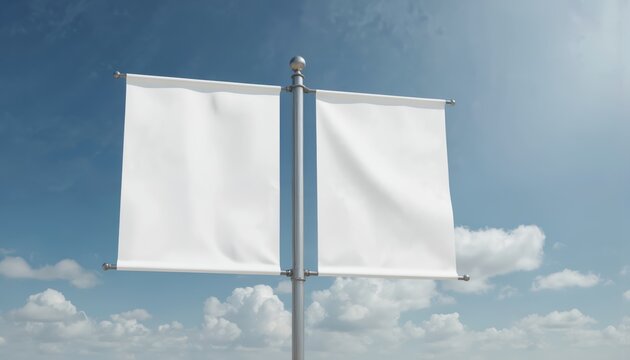 Two clean white blank banners hang on pole against blue sky with clouds. Offers ample copy space for text or images. Minimalistic design promotes clear messaging for advertising or promotion.