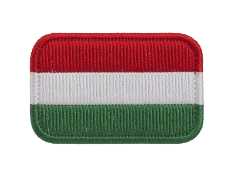 Embroidered Hungarian flag patch with red white and green stripes and rounded corners.