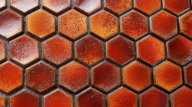 A close-up shot of orange and red hexagon tiles arranged in a grid pattern, creating a warm and textured surface design.