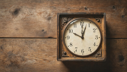 Vintage analog clock with ornate wooden frame rests on rustic wood surface. Classic timepiece shows exact hour with detailed craftsmanship, evoking nostalgia and timeless elegance.
