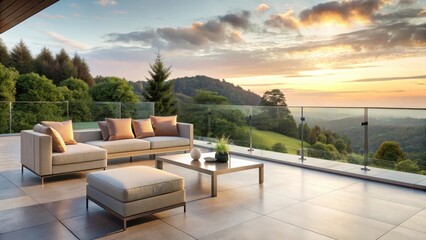 Obraz premium Elegant outdoor space with comfortable seating and minimalist decor, featuring a sleek glass railing system overlooking a serene landscape, indoor-outdoor, minimalist decor