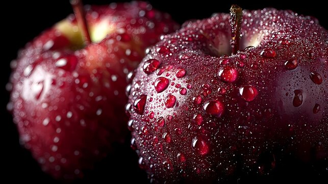 macro shot of shiny red apples with water drops against black background


