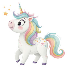 Naklejka premium Cute cartoon unicorn with rainbow mane and tail isolated on transparent background isolated on white background