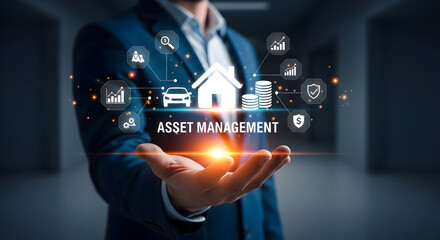 Professional asset management concept with icons symbolizing home, car, and finance security
