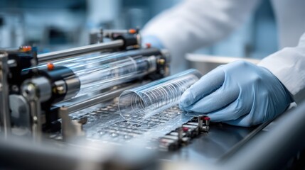 Gloved hands adjusting settings on a sophisticated roll to roll production machine for high tech x ray materials, emphasizing precision and expertise in advanced manufacturing
