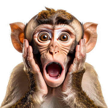 Close-up of a monkey with an expression of surprise isolated on a transparent background.