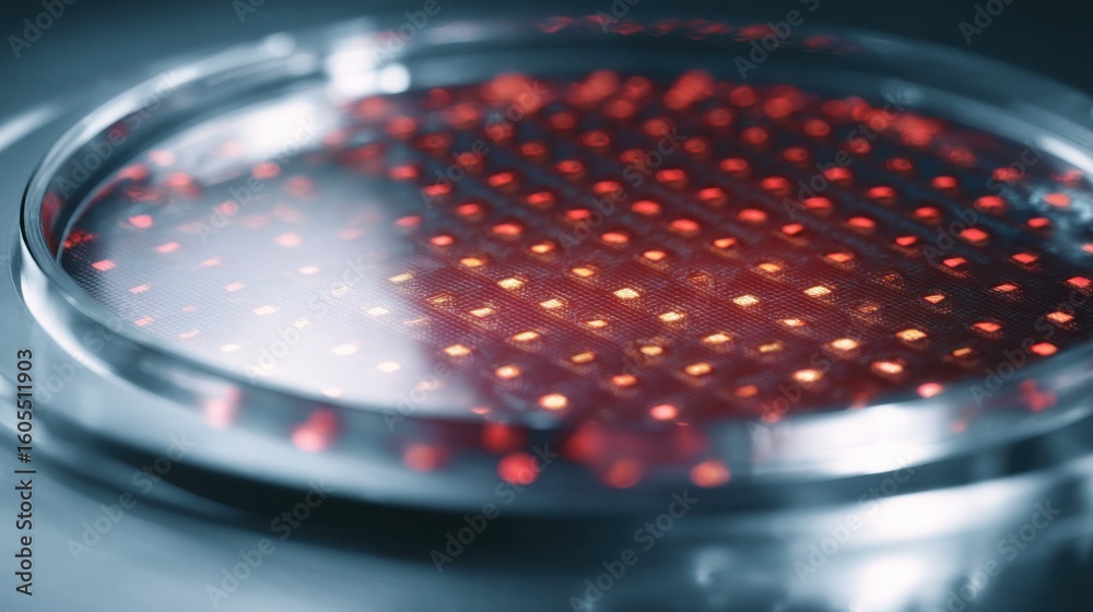Poster closeup view of a microlithography mask shows intricate patterns and textures, resting on a glossy s