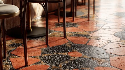 Close-up view of an artistic terrazzo floor with table legs. The texture and earthy tones create a warm and inviting visual.