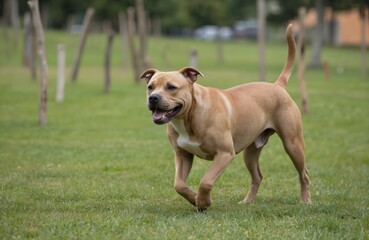 Pit bull dog runs across green grass in park. Selective focus on animal face and body. Wooden stakes in background. Athletic dog playing outdoors. Theme Dog agility training.
