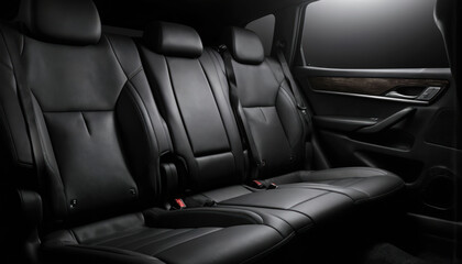 Luxurious black leather car seats feature premium stitching, sleek, modern design. High-end vehicle interior sophisticated upholstery, comfortable, refined padding. Elegant automotive details enhance