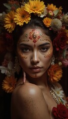 Woman adorned with vibrant flower crown in shades of yellow, orange, red. Intricate design against dark hair. Partially obscured face adds mystery. Simple gray background highlights woman, floral