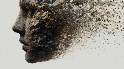 Abstract face profile dissolving into particles, symbolizing change, transformation, and the transient nature of identity.