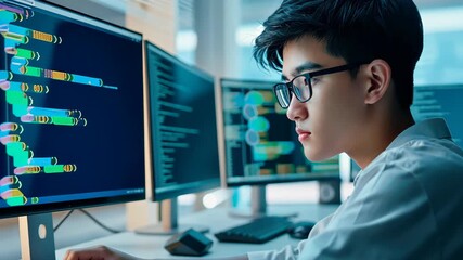 Focused Code: A dedicated coder, his gaze fixed on a complex code on the screen. The image showcases the intellectual rigor of the digital domain, and the technical nature of coding.