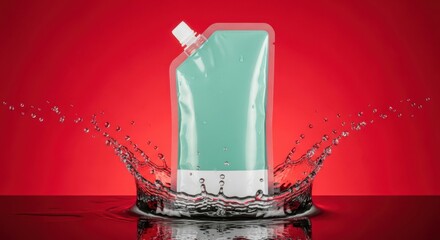 A mint green pouch with a white cap is captured midsplash in water against a vibrant red background