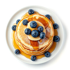 Stack of Golden Pancakes Topped with Fresh Blueberries and Syrup