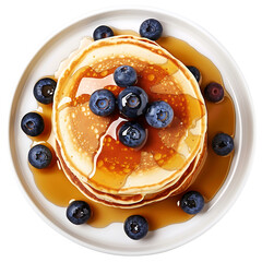 Stack of Pancakes Topped with Blueberries and Syrup on a White Plate