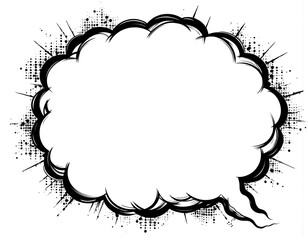 Naklejka premium Blank comic book speech bubble with comic style halftone dots and ink splatters. Retro graphic element for dialogue or sound effects. Clean white space for custom text or messages.