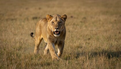 Majestic lioness walks through dry grassfield, eye-level view. Powerful predator moves with speed and grace. African savanna wildlife, natural habitat, wild animal hunting.