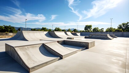 Concrete skatepark under a sunny sky