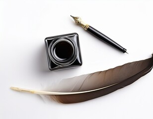 feather and glass inkwell isolated on a white background quill pen and bottle of ink feather for calligraphy top view