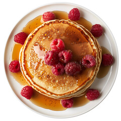 Stack of Golden Pancakes Topped with Fresh Raspberries and Drizzled with Syrup