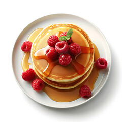 Stack of Pancakes Topped with Raspberries and Syrup on a White Plate