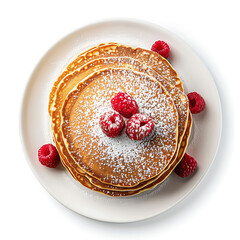 Stack of Pancakes Topped with Raspberries and Powdered Sugar on a White Plate