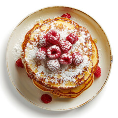 Stack of Pancakes Topped with Raspberries and Powdered Sugar