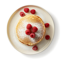Stack of Pancakes Topped with Raspberries and Powdered Sugar on a Beige Plate