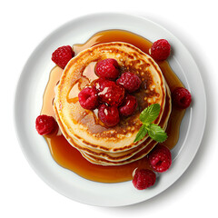 Stack of Pancakes Topped with Raspberries and Syrup on a White Plate