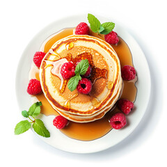 Stack of Pancakes Topped with Raspberries, Mint Leaves, and Syrup