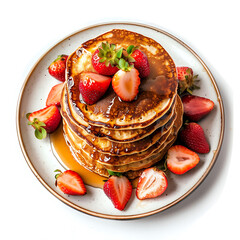 Stack of Pancakes Topped with Fresh Strawberries and Syrup