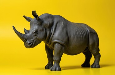 Obraz premium Dark gray rhinoceros figurine stands against vibrant yellow backdrop. Detailed sculpture captures animal powerful presence, unique horn formation. Ideal for art, craft, wildlife collections,