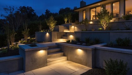 Modern concrete retaining wall with integrated lighting illuminates steps leading to house at dusk. This contemporary landscape design creates warm, inviting ambiance for nighttime access, security.