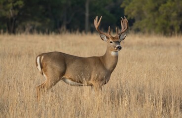 Majestic whitetail deer buck with large antlers stands in dry grass field in Texas farmland. Adult mammal pauses amidst tall, golden vegetation. Natural autumn environment shows off wild cervid,