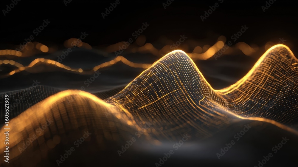 Aufkleber Golden grid lines form a digital landscape with illuminated peaks on a black background, creating a visually appealing abstract representation of data flow or terrain