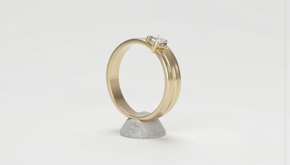 Minimalist 3D rendering of gold ring featuring single diamond. Elegant jewelry piece presented in half-turned view on textured stone pedestal against clean white background, perfect for wedding