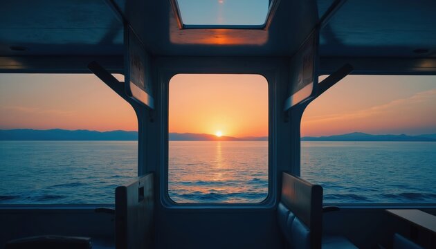 View of serene ocean seascape through ferry window at sunset. Calm water reflects golden orange sun setting behind distant mountains. Tranquil journey offers peaceful coastal horizon with