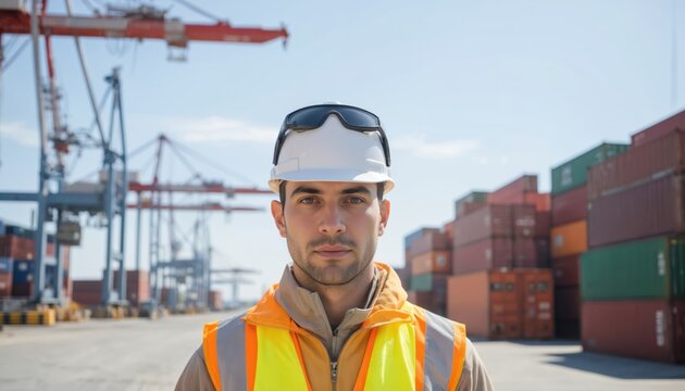 Man in safety gear stands confidently in busy freight logistics area. Shipping containers, large cranes dominate background, suggesting global trade, importexport operations. Professional embodies