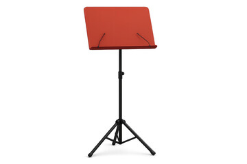 Music stand displaying vibrant red finish, standing ready on clean white backdrop for performance support