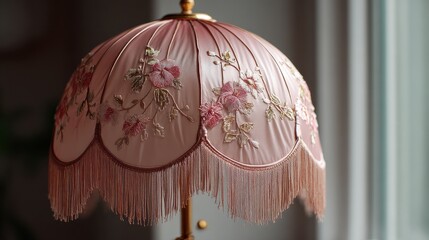 Elegant pink lamp with embroidered floral detail and fringe. Soft light casts a warm glow, creating a cozy and inviting ambiance.